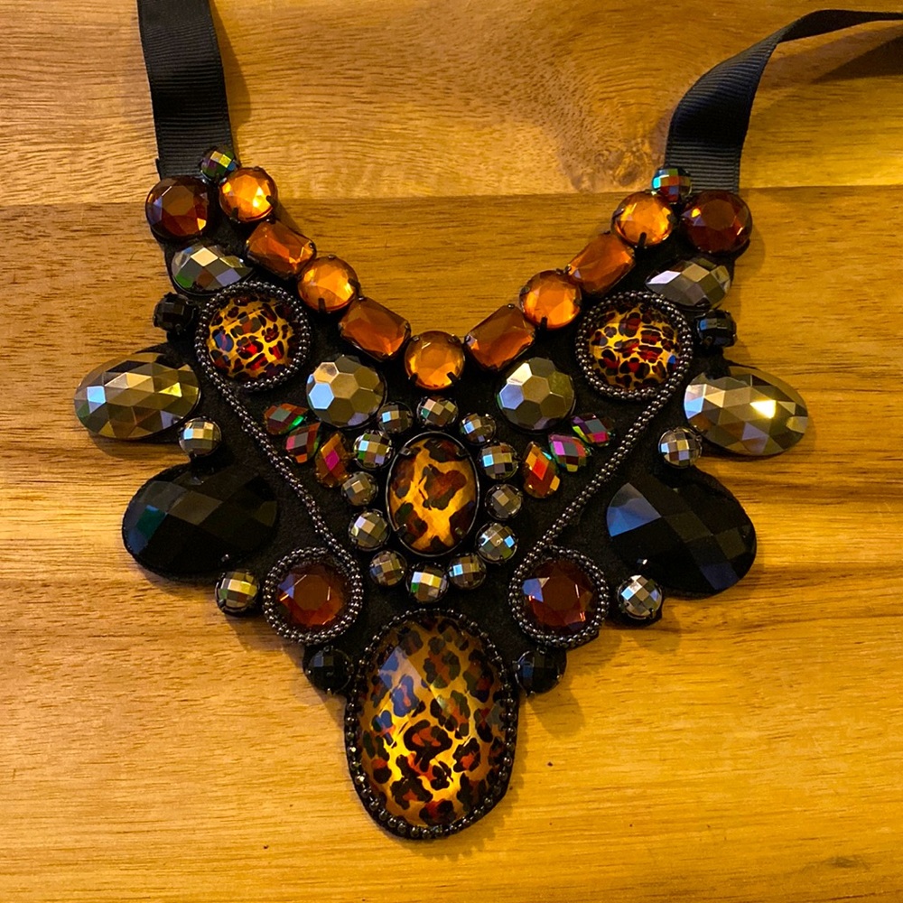 Large Cheetah Patterned Ribbon Tie Necklace Statement Necklace